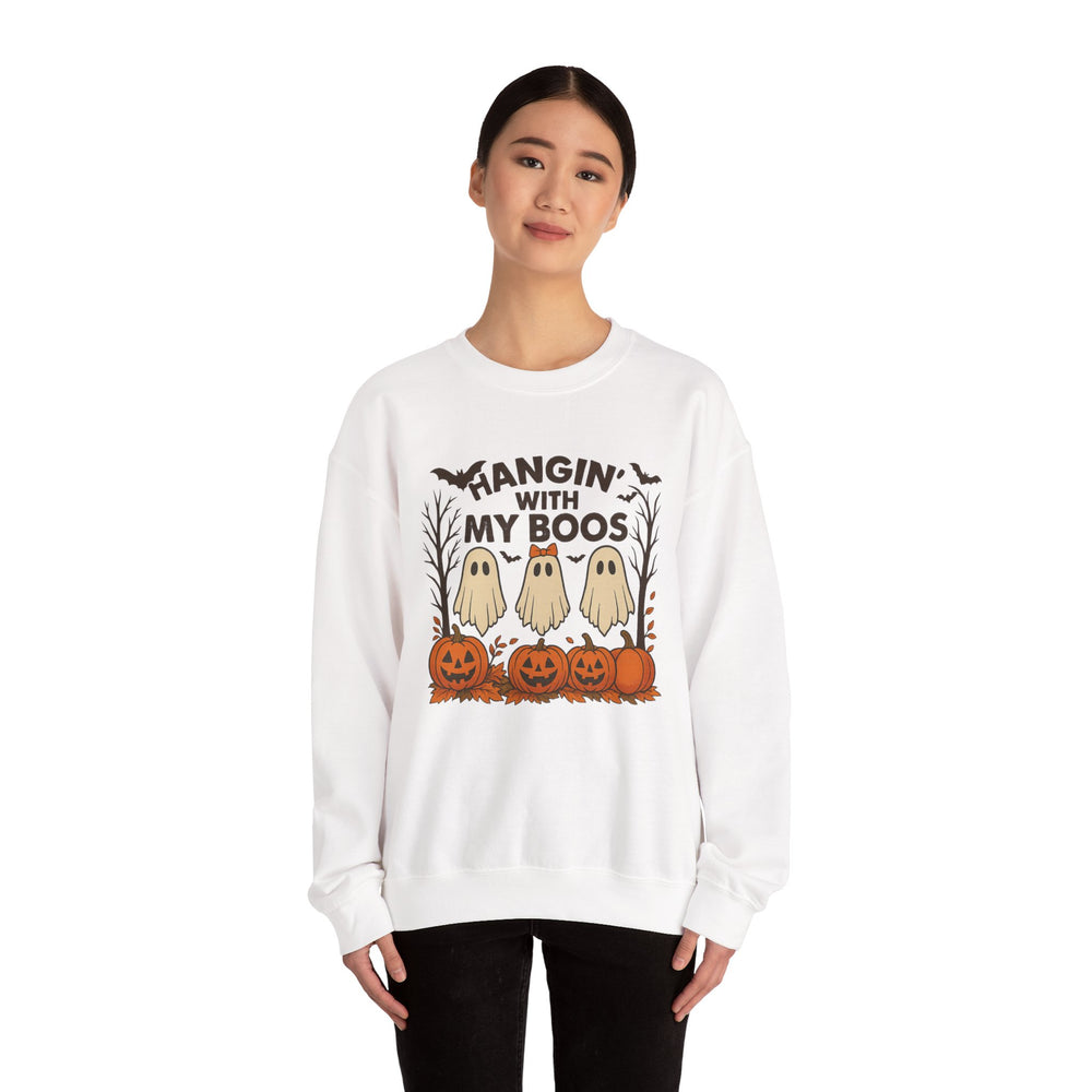 Halloween Sweatshirt with Ghost Design, Cozy Unisex Crewneck for Fall Celebrations, Casual Wear, Gifts for Friends, Pumpkin Decor