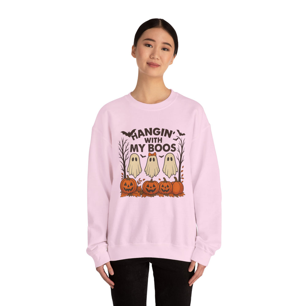 Halloween Sweatshirt with Ghost Design, Cozy Unisex Crewneck for Fall Celebrations, Casual Wear, Gifts for Friends, Pumpkin Decor