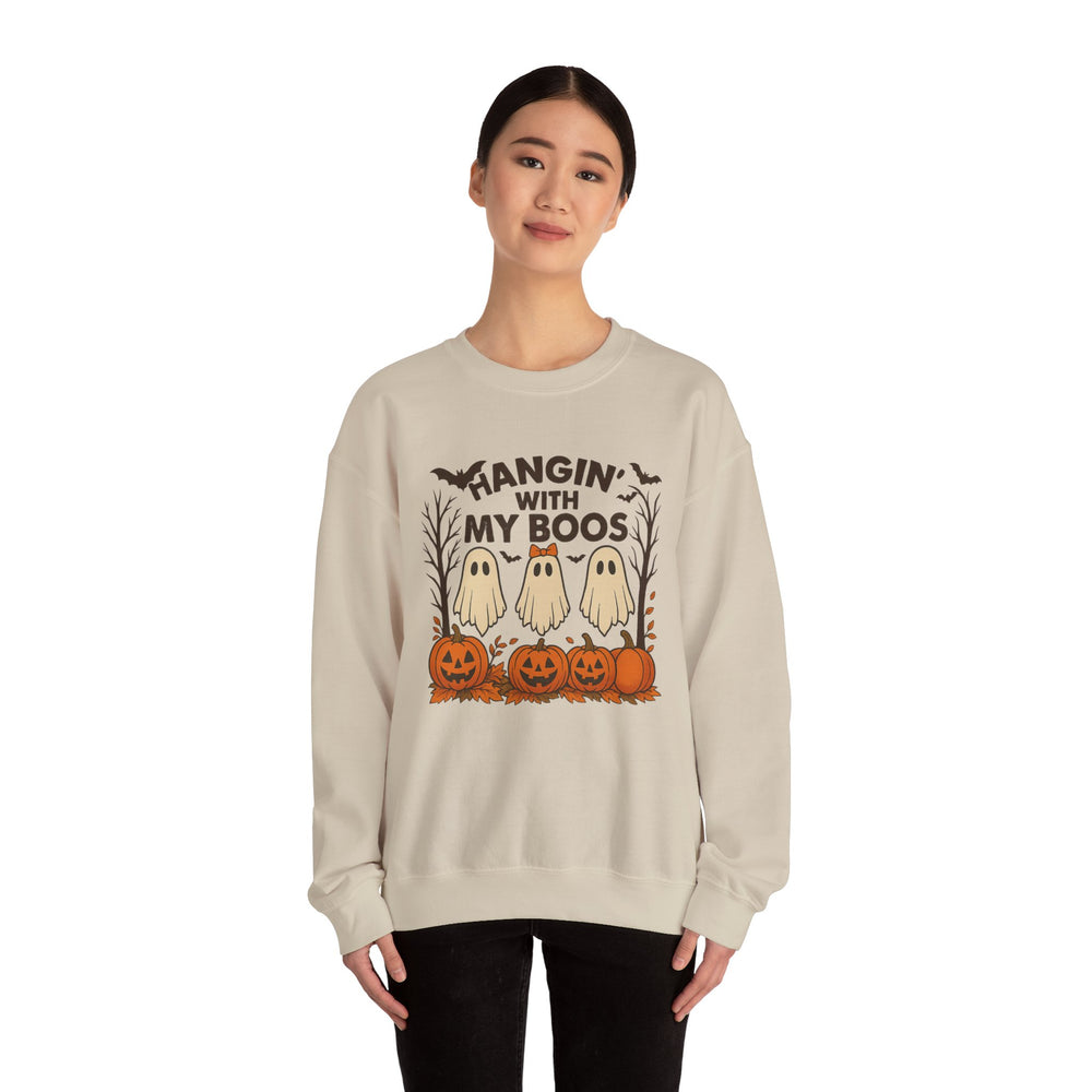 Halloween Sweatshirt with Ghost Design, Cozy Unisex Crewneck for Fall Celebrations, Casual Wear, Gifts for Friends, Pumpkin Decor