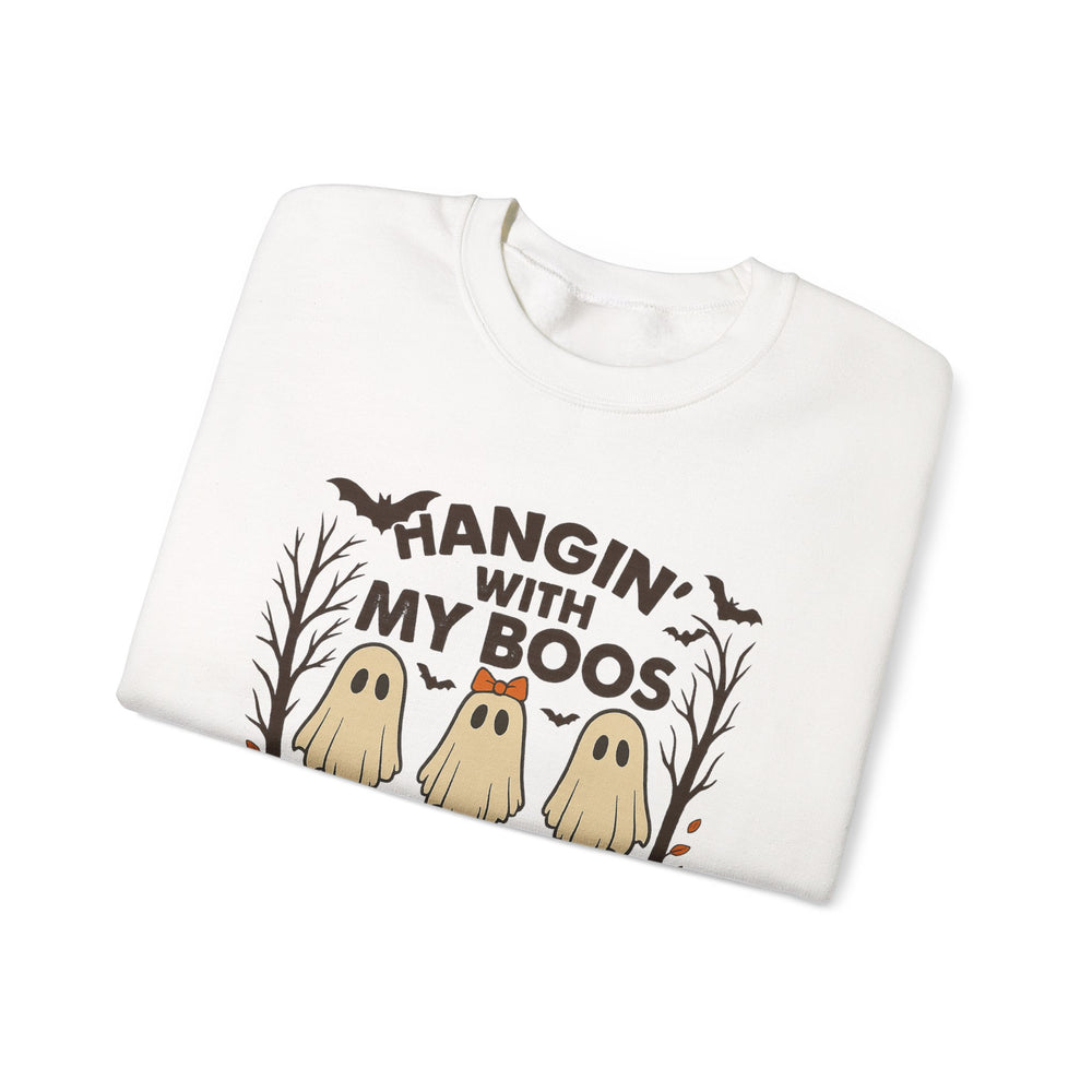 Halloween Sweatshirt with Ghost Design, Cozy Unisex Crewneck for Fall Celebrations, Casual Wear, Gifts for Friends, Pumpkin Decor