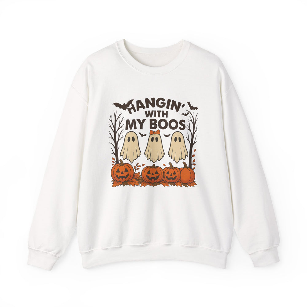 Halloween Sweatshirt with Ghost Design, Cozy Unisex Crewneck for Fall Celebrations, Casual Wear, Gifts for Friends, Pumpkin Decor