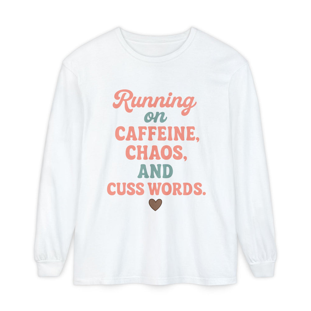 Unisex Long Sleeve T-Shirt: 'Running on Caffeine, Chaos, and Cuss Words' - Funny Coffee Shirt, Gift for Coffee Lovers, Casual Wear, [...]