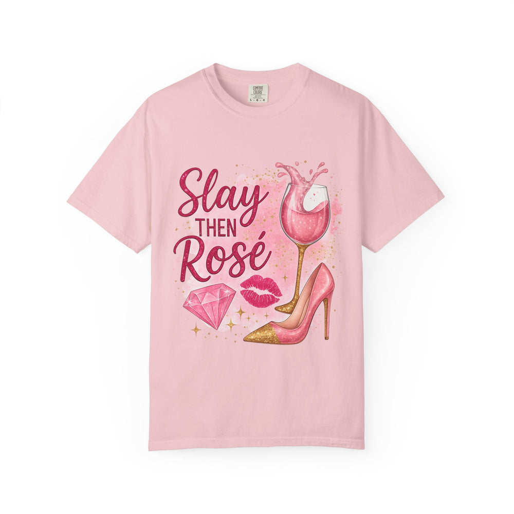 Chic Wine Lover T-Shirt, Slay Then Rosé Graphic Tee, Gift for Her, Birthday, Girls Night Out, Wine Party Apparel