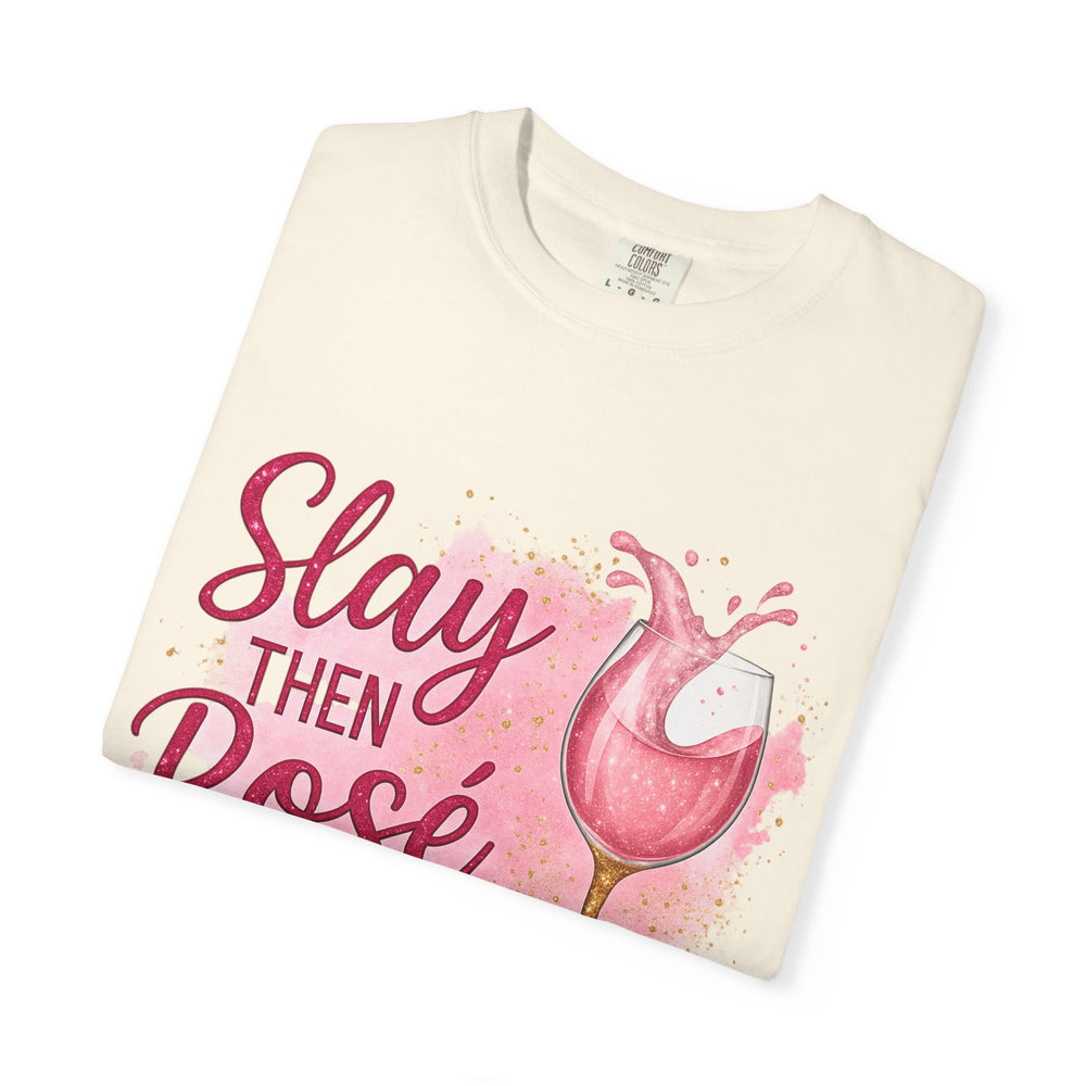 Chic Wine Lover T-Shirt, Slay Then Rosé Graphic Tee, Gift for Her, Birthday, Girls Night Out, Wine Party Apparel