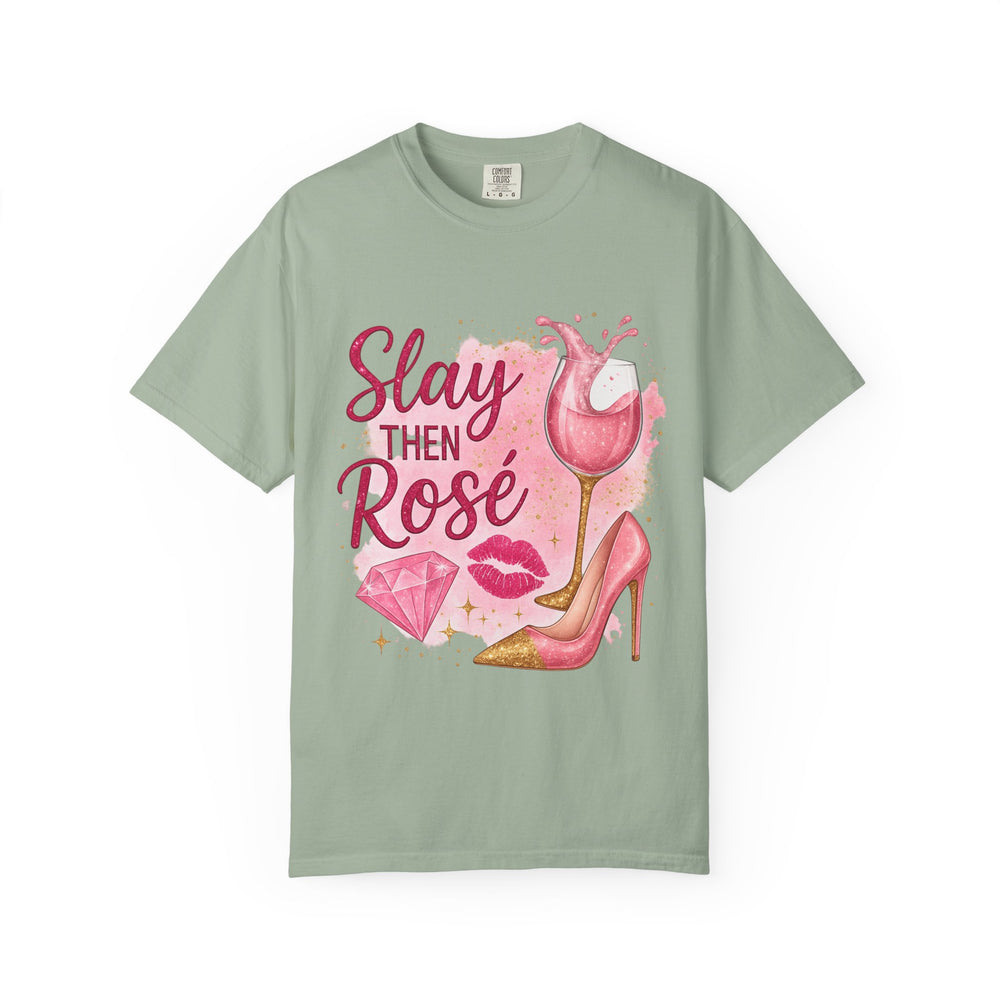 Chic Wine Lover T-Shirt, Slay Then Rosé Graphic Tee, Gift for Her, Birthday, Girls Night Out, Wine Party Apparel