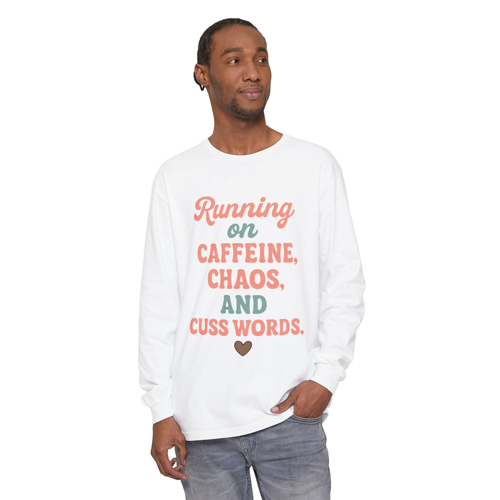 Unisex Long Sleeve T-Shirt: 'Running on Caffeine, Chaos, and Cuss Words' - Funny Coffee Shirt, Gift for Coffee Lovers, Casual Wear, [...]